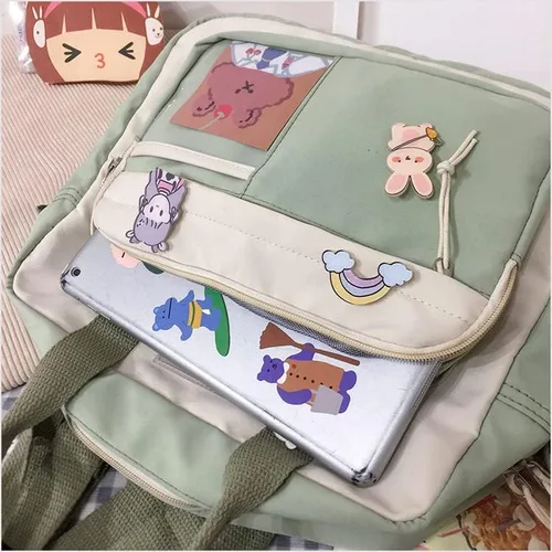 Vista 7 de Mochila Kawaii con bonitos alfileres y colgante de felpa para niña, mochila escolar, mochila de viaje linda, Verde, Mochilas de viaje