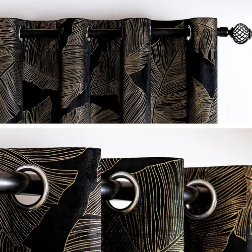 Vista 3 de MIULEE Cortinas opacas de terciopelo negro de 84 pulgadas de largo, juego de 2 paneles de cortinas estampadas con estampado de hojas doradas
