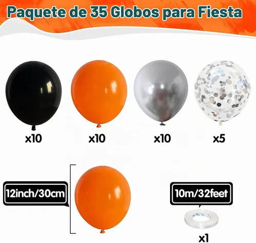 Vista 2 de Globos Negros y Naranjas de 12 Pulgadas, Globos de Confeti Negro Naranja Plateado, Globos de Halloween Trick or Treat para Niños y Hombres