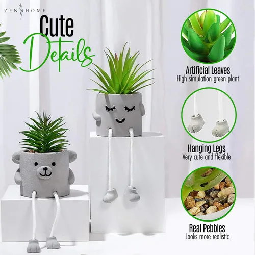 Vista 6 de Zen Home Lindas plantas falsas para estante - Mini plantas suculentas - Pequeñas plantas artificiales para decoración de estantes - Plantas de Oso