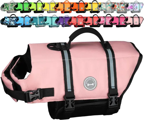Vista 8 de VIVAGLORY Chaleco salvavidas para perros Rip Stop, chaleco de natación con asa, flotabilidad para perritos cachorros, chaleco salvavidas para perros