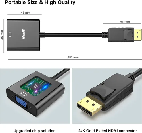 Vista 6 de BENFEI Conversor DisplayPort a VGA, cable macho a hembra chapados para Lenovo, Dell, HP, ASUS.