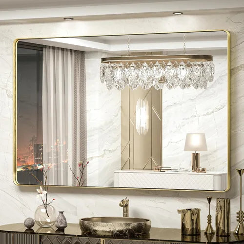 Vista 57 de TokeShimi Espejo de pared de baño de níquel cepillado de 20 x 30 pulgadas, marco de metal, esquina redonda, rectangular, para decoración del hogar