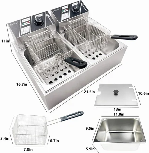 Vista 7 de Freidora comercial profunda con cestas, 3400W 12.7QT/12L de acero inoxidable engrosado para mostrador, freidora eléctrica de aceite de gran
