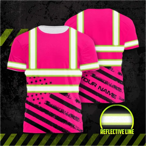 Vista 4 de HiVis Custom Camisa de alta visibilidad de color con bandera de Estados Unidos para hombres y mujeres con nombre personalizado camiseta de seguridad
