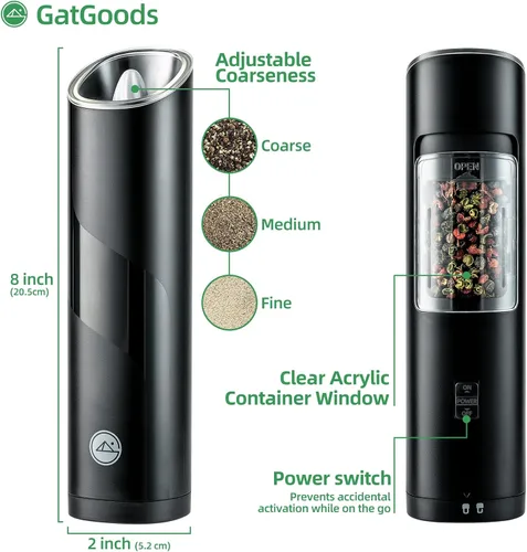 Vista 6 de GATGOODS Gravity - Juego de molinillo eléctrico de sal y pimienta, grosor ajustable, luz LED cálida, operación automática de una mano, funciona