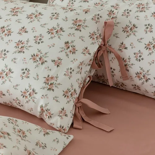 Vista 5 de Fundas de almohada de flores rosadas, 2 piezas, fundas de almohada de cama florales con elegantes lazos, 100% algodón, fundas de almohada estándar