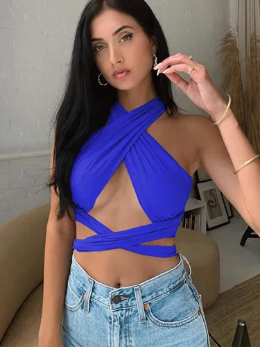 Vista 2 de ZAFUL - Ombliguera cruzada estilo halter de tejido acanalado para mujer camiseta sin mangas tipo con diseño fruncido y con lazos