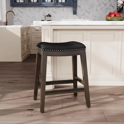Vista 6 de DTY Indoor Living Durango - Taburete de silla de montar de 24 pulgadas, altura de mostrador, gris desgastado, cuero negro Cuero gris desgastado/negro