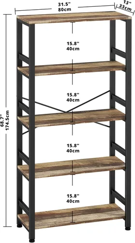 Vista 3 de IRONCK Estanterías y librerías, estante de 80cm de ancho, estantería de escalera de 5 niveles, 50kg/estante, estilo industrial vintage, estantería