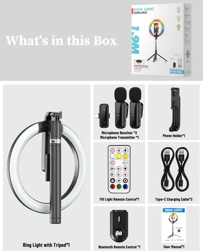 Vista 8 de Kit de vlogging para iPhone/Android, anillo de luz de 10 pulgadas con soporte, trípode de 74 pulgadas para iPhone con luz, micrófono, kit de inicio