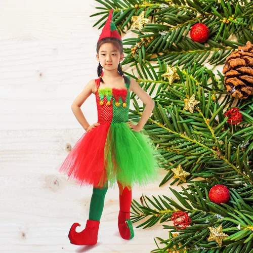 Vista 2 de IBTOM CASTLE Disfraces de elfo para niños, vestido de tul y sombrero verde para niña, ayudante de Papá Noel, sesión de fotos de Navidad