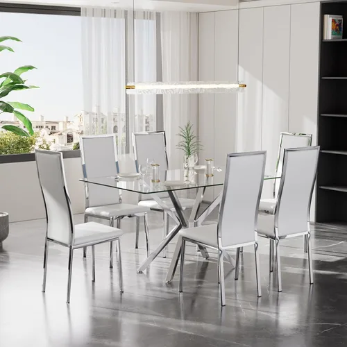 Vista 7 de Juego de 4 mesas de comedor de cristal negro, mesa de cocina minimalista moderna de 47 pulgadas con 4 sillas de comedor clásicas negras y plateadas