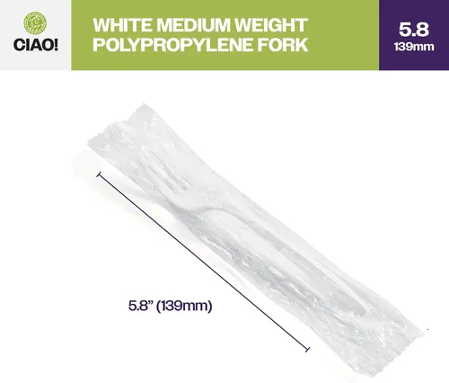 Vista 2 de CIAO! Tenedor blanco desechable de peso medio de 5.8 pulgadas de polipropileno envuelto individualmente (caja de 1000)