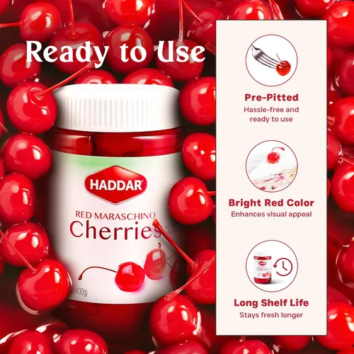 Vista 7 de Haddar Cerezas marrasquinas rojas con tallos, 12.6 onzas Cerezas de cóctel a la antigua Cerezas dulces y vibrantes para adornar postres