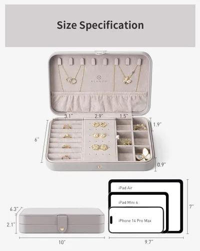 Vista 6 de Vlando Joyero de viaje para mujer, caja organizadora de joyas de cuero portátil para collares, aretes, anillos, pulseras, tamaño pequeño, regalos