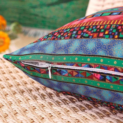 Vista 2 de TAOSON Funda de almohada de lino de mezcla de algodón antiguo con rayas verdes, estilo bohemio, funda de almohada con cierre de cremallera oculta
