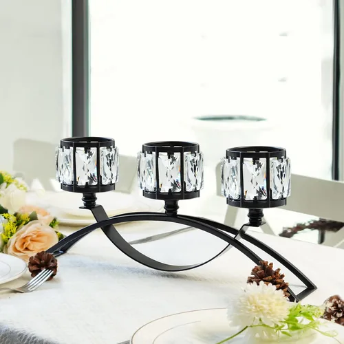 Vista 6 de Candelabro votivo de 3 brazos, candelabros de cristal, centros de mesa de boda para mesas, candelabros de cristal, decoración de mesa (negro)