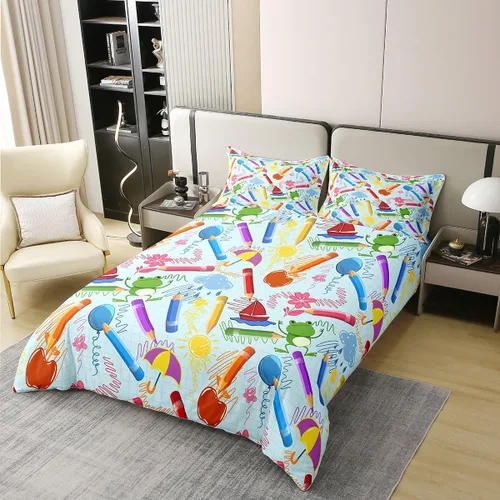 Vista 3 de jejeloiu Juego de ropa de cama de lápiz de dibujos animados para niños, tamaño individual, colorido cuarto de bebé, 100% algodón, funda de edredón