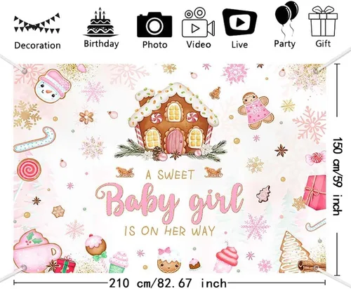 Vista 2 de MEHOFOND Fondo de Navidad de 7 x 5 pies para baby shower con texto en inglés "A Sweet Baby Girl is On Her Way", fondo de fotografía de copo de nieve