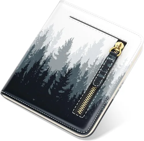 Vista 19 de Billetera de cuero genuino de lujo para mujer con bloqueo RFID, compacta, plegable, con ventana para identificación, Gato negro, Moderno