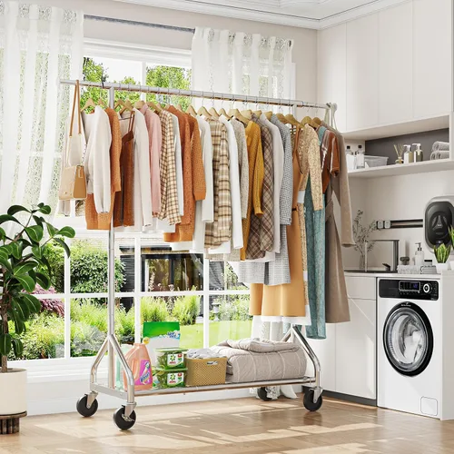 Vista 7 de Simple Trending Perchero resistente con carga de 450 libras, perchero para colgar ropa, perchero con ruedas y estantes, para el dormitorio, cuarto