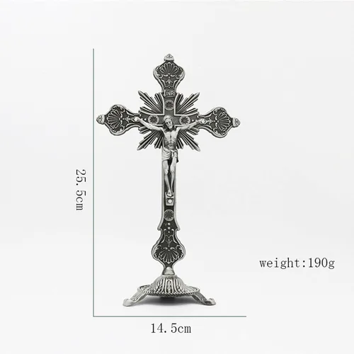 Vista 6 de Cruz de mesa de crucifijo de Jesús de metal, cruz de mesa católica con soporte para oraciones decoración del hogar, 10 pulgadas de alto, peltre