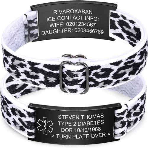 Vista 26 de Pulsera de alerta médica personalizada para hombres - Pulseras de identificación de acero inoxidable con correa elástica personalizada grabada