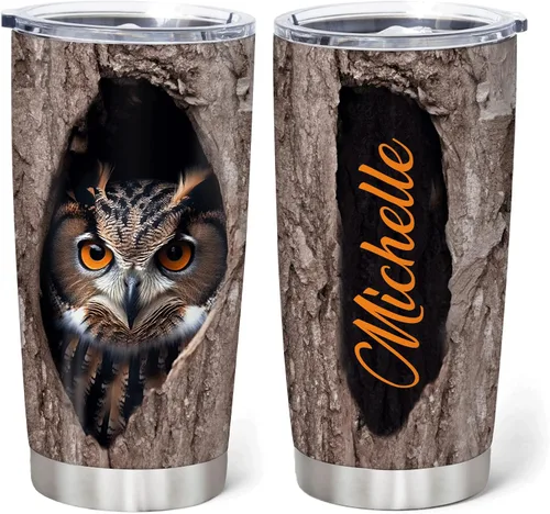 Vista 19 de Hyturtle Vaso personalizado para amantes de los búhos, vaso de café de acero inoxidable con nombre personalizado, 20 onzas con tapa, ideal como