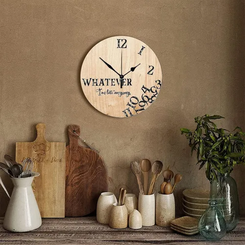 Vista 3 de Reloj de pared de 10 pulgadas, de grano de madera rústica, divertido con texto en inglés "Whatever I'm Late Anyways", reloj de pared vintage