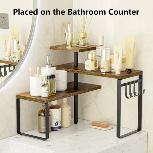 Vista 7 de Alsonerbay Estante organizador de esquina de 3 niveles para cocina y baño Rustic Wood & Metal Storage Shelf with Hanging Hooks for Coffee Bar