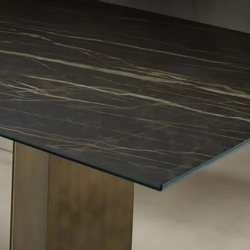 Vista 5 de LAKIQ Mesa de comedor rectangular de piedra sinterizada moderna con parte superior de piedra con doble pedestal de metal para comedor