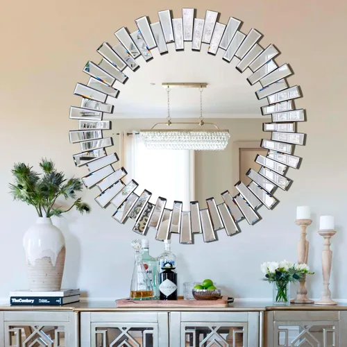 Vista 10 de Chende Espejo redondo – Espejo decorativo de 32 pulgadas con marco de vidrio biselado, acento moderno para sala de estar, vestíbulo, dormitorio