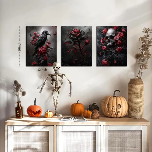 Vista 4 de Juego de 3 lienzos góticos para pared, diseño de rosas románticas de Halloween, decoración de pared, pósteres de calavera de cuervo gótico oscuro