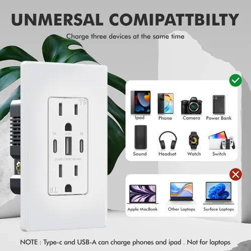 Vista 5 de Micmi Toma de pared USB C, 30 W, 6.0 amperios, 3 puertos USB C, 15 A, receptáculo resistente a manipulaciones con puertos dobles tipo C y A