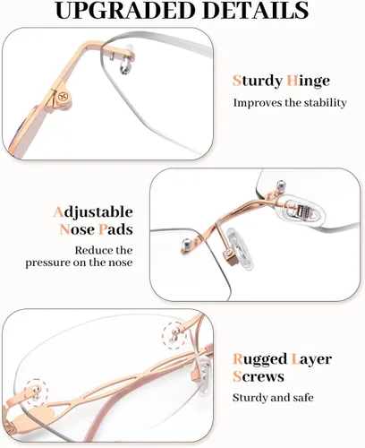Vista 5 de LUFF Rimless Reading Glasses for Women Blue Light Computer Readers Lightweight 16g Metal Frame Eye Strain Relief