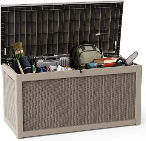 Vista 26 de DRATO Caja de almacenamiento para cubierta de 31 galones, caja de almacenamiento para exteriores para cojines de patio, herramientas de jardín, caja