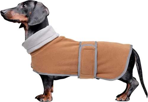 Vista 13 de Abrigos para perros salchicha Morezi de forro polar para invierno, ropa para dachshund miniatura con cierre de gancho y bucle y ribete reflectante