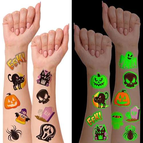 Vista 4 de JOYIN 144 tatuajes temporales brillantes de Halloween, 12 diseños luminosos de Halloween, calabaza, fantasma, calcomanías de tatuaje para niños
