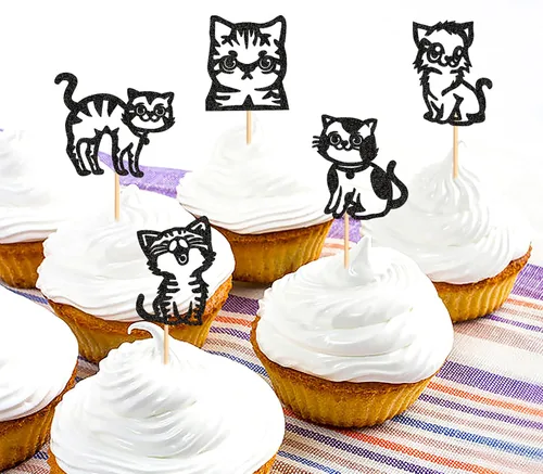 Vista 6 de Ercadio Paquete de 25 adornos para magdalenas de gatos, palillos para tartas de gatos negros, selecciones de cupcakes de animales, decoraciones