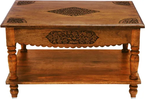 Vista 9 de COTTON CRAFT Mesa de centro de madera maciza, mesa central tallada a mano con patas plegables, mesa decorativa para sala de estar, espacios