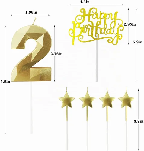 Vista 2 de Velas de cumpleaños doradas con número 20 y velas de estrella de cumpleaños de 7 cm Velas para pastel de cumpleaños en forma de diamante 3D son Oro20