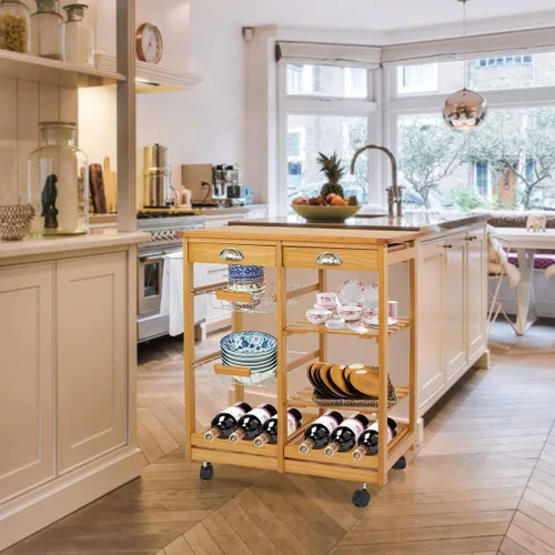 Vista 3 de Carrito de cocina con ruedas de 4 niveles, carrito de almacenamiento de cocina de madera, carrito de microondas con toallero, cajones, estantes