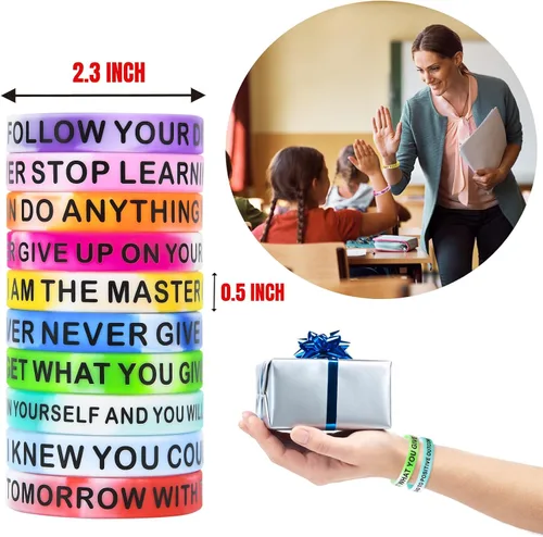 Vista 4 de Pulseras de silicona con cita motivacional, pulseras de goma inspiradoras de colores, pulseras elásticas unisex para niños y adolescentes, 20