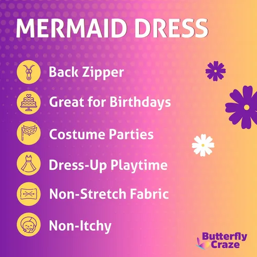 Vista 9 de Butterfly Craze Little Girl's Mermaid Costume, TopDress with Skirt - Perfect for Birthday Parties, Halloween, School Fairs