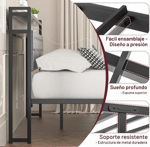 Vista 6 de SUNLEI Base de cama Queen con luz LED y 2 cajones, plataforma de metal con estación de carga y cabecera de almacenamiento de tela de lino, listones