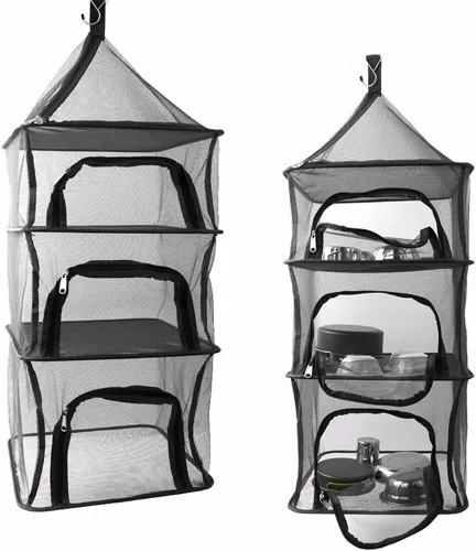 Vista 2 de Desy & Feeci Red de secado plegable para acampar de 4 capas para colgar al aire libre, organizador de campamento, almacenamiento para secadora