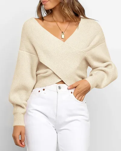 Vista 5 de BTFBM - Suéter casual para mujer con manga larga, cuello en V, frente cruzado, hombros descubiertos, dobladillo asimétrico, tejido de punto