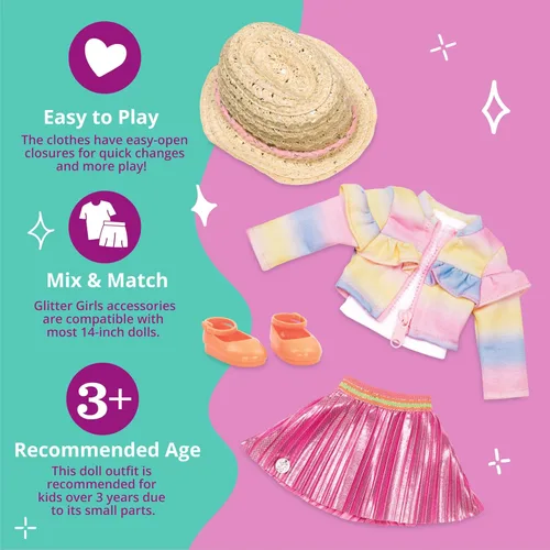 Vista 5 de Glitter Girls – Ropa para Muñeca de 14 Pulgadas – Conjunto de Volantes y Plisados para Guapas – Chaqueta Arcoíris, Falda, Sombrero y Zapatos