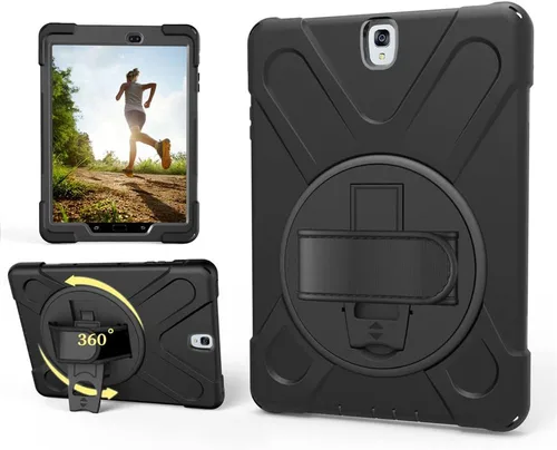 Vista 2 de Funda para Samsung Galaxy Tab S3 9.7 pulgadas SM-T820/SM-T825, 360 grados giratorio Kickstand mano correa de hombro resistente a prueba de golpes
